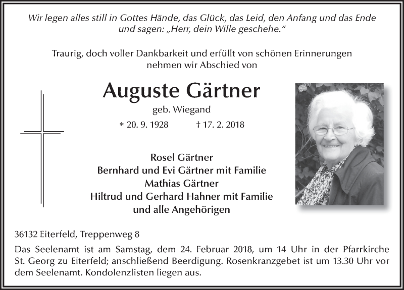  Traueranzeige für Auguste Gärtner vom 21.02.2018 aus 