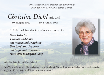 Traueranzeige von Christine Diehl 
