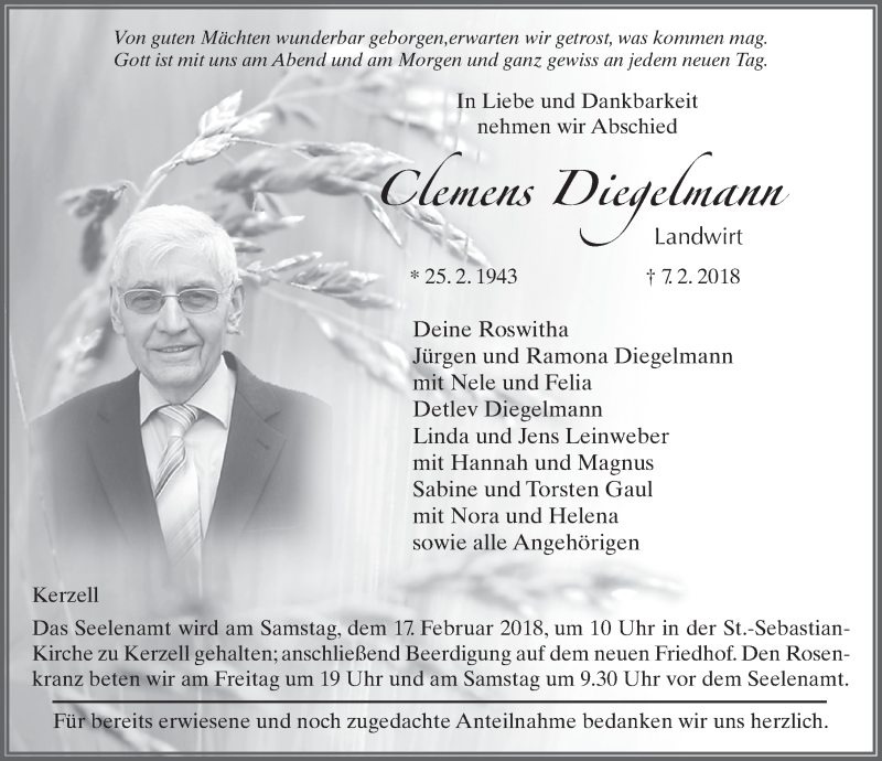  Traueranzeige für Clemens Diegelmann vom 14.02.2018 aus 