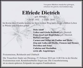 Traueranzeige von Elfriede Dietrich 
