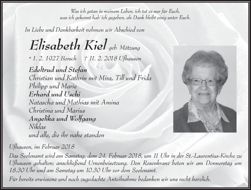  Traueranzeige für Elisabeth Kiel vom 21.02.2018 aus 
