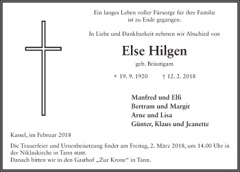Traueranzeige von Else Hilgen 