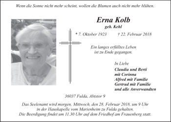 Traueranzeige von Erna Kolb 