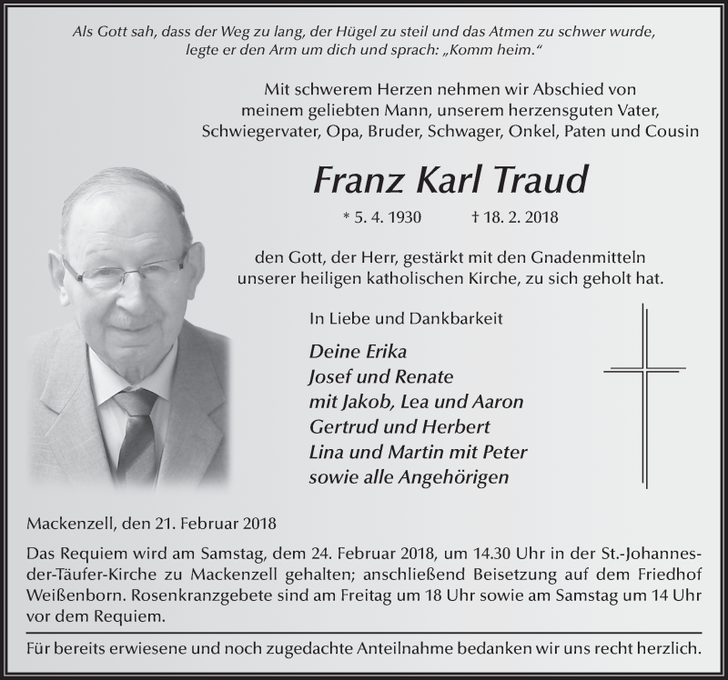  Traueranzeige für Franz Karl Traud vom 21.02.2018 aus 