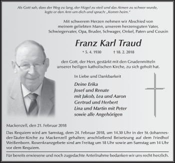 Traueranzeige von Franz Karl Traud 