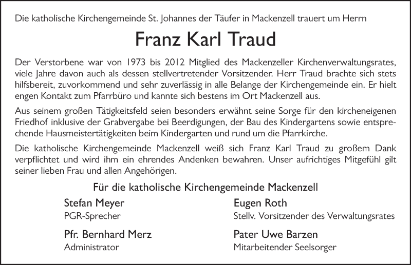  Traueranzeige für Franz Karl Traud vom 24.02.2018 aus 