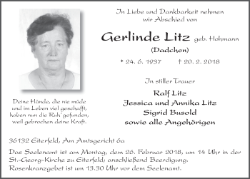 Traueranzeige von Gerlinde Litz 