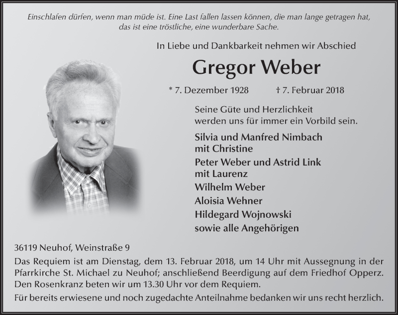  Traueranzeige für Gregor Weber vom 09.02.2018 aus 