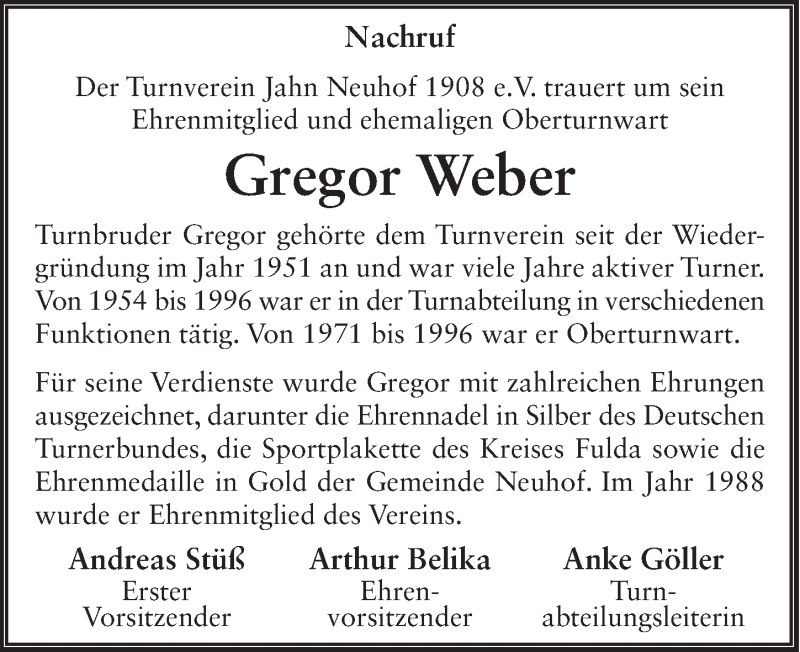  Traueranzeige für Gregor Weber vom 13.02.2018 aus 