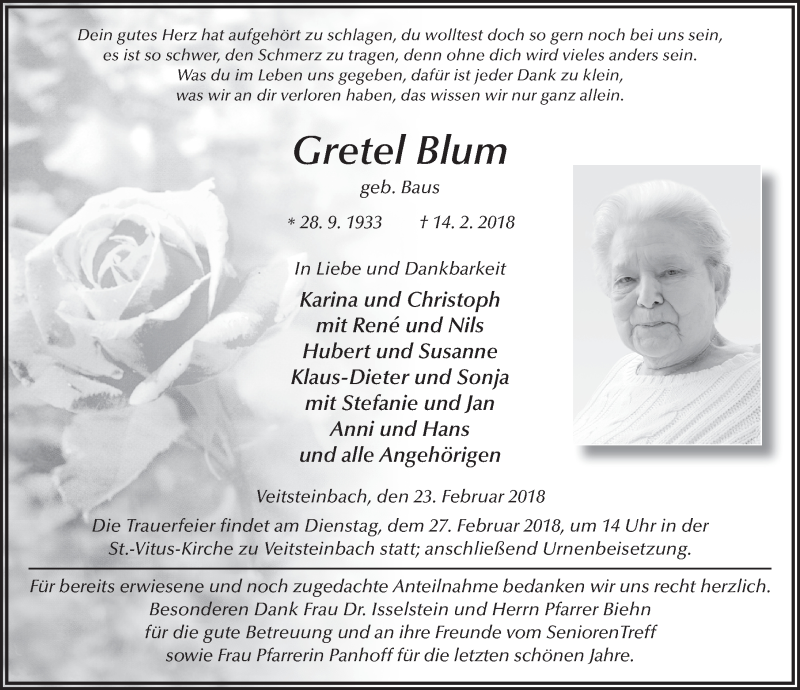  Traueranzeige für Gretel Blum vom 23.02.2018 aus 
