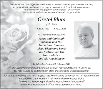 Traueranzeige von Gretel Blum 