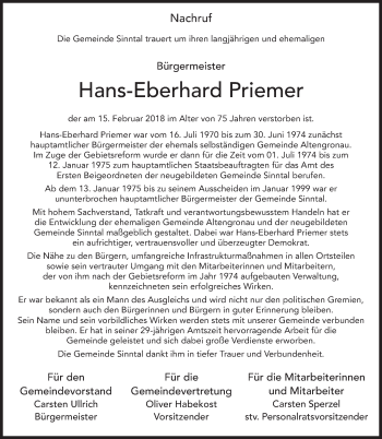 Traueranzeige von Hans-Eberhard Priemer 
