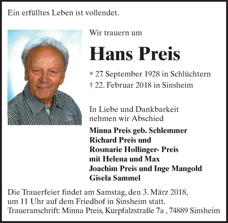  Traueranzeige für Hans Preis vom 24.02.2018 aus 