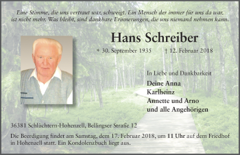 Traueranzeige von Hans Schreiber 