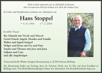 Traueranzeige von Hans Stoppel 