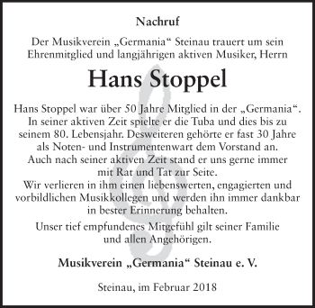Traueranzeige von Hans Stoppel 