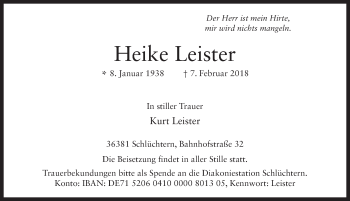 Traueranzeige von Heike Leister 