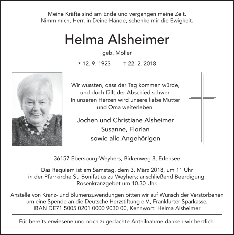  Traueranzeige für Helma Alsheimer vom 28.02.2018 aus 