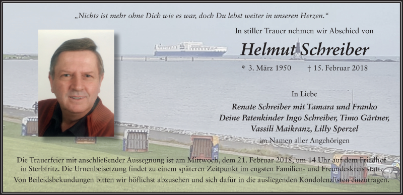  Traueranzeige für Helmut Schreiber vom 17.02.2018 aus 