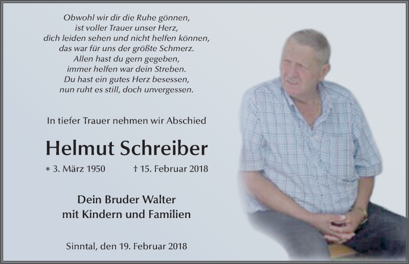  Traueranzeige für Helmut Schreiber vom 19.02.2018 aus 