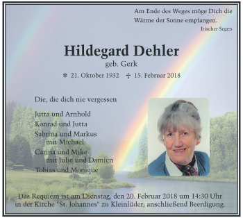 Traueranzeige von Hildegard Dehler 