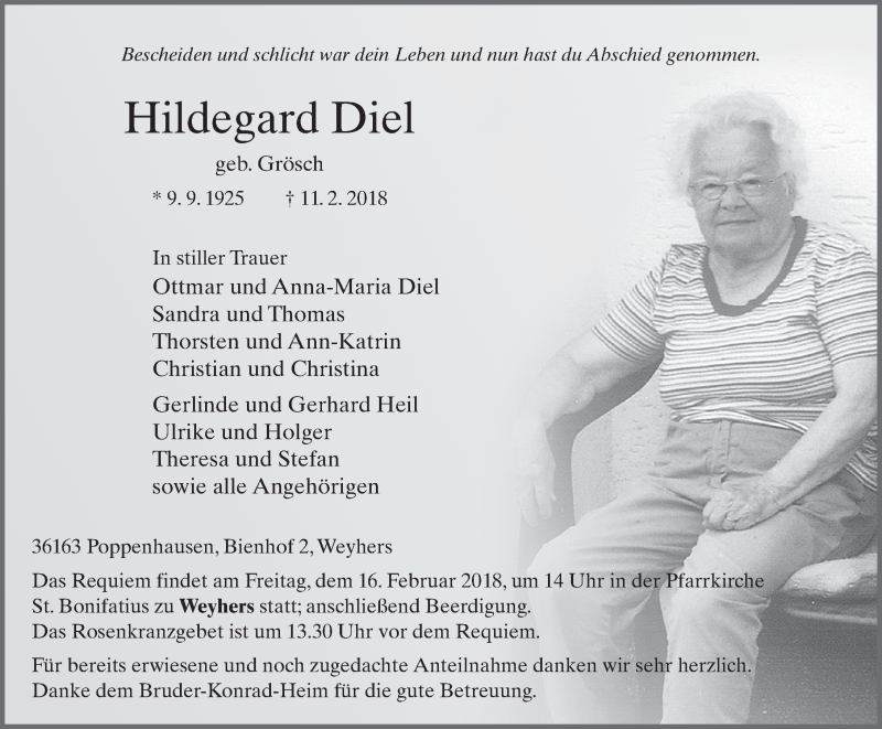  Traueranzeige für Hildegard Diel vom 14.02.2018 aus 