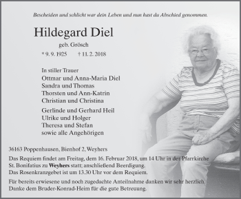 Traueranzeige von Hildegard Diel 