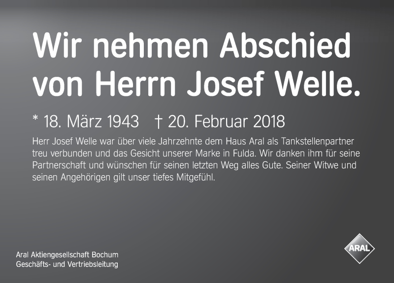  Traueranzeige für Josef Welle vom 23.02.2018 aus 