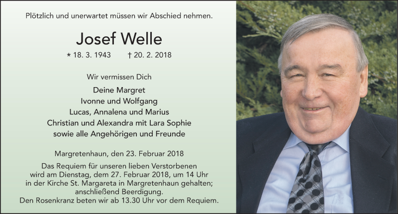  Traueranzeige für Josef Welle vom 23.02.2018 aus 