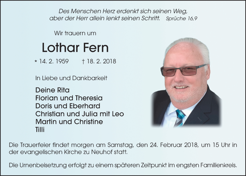  Traueranzeige für Lothar Fern vom 23.02.2018 aus 