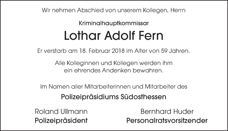 Traueranzeige für Lothar Adolf Fern vom 27.02.2018 aus 