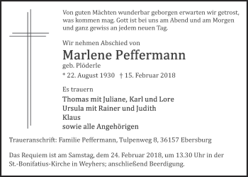Traueranzeige von Marlene Peffermann 