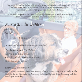 Traueranzeige von Marta Emilie Dehler 