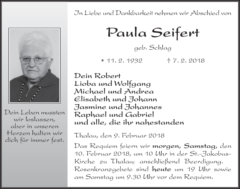  Traueranzeige für Paula Seifert vom 09.02.2018 aus 