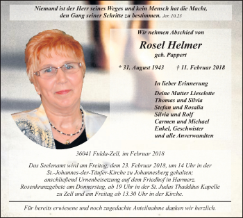 Traueranzeige von Rosel Helmer 