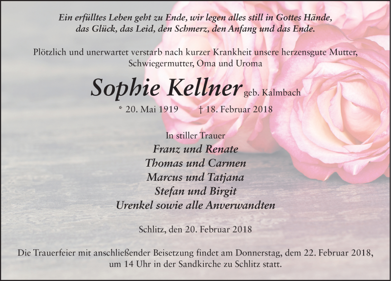  Traueranzeige für Sophie Kellner vom 20.02.2018 aus 