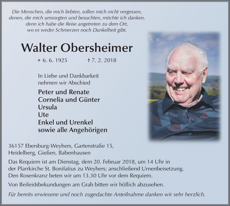  Traueranzeige für Walter Obersheimer vom 16.02.2018 aus 