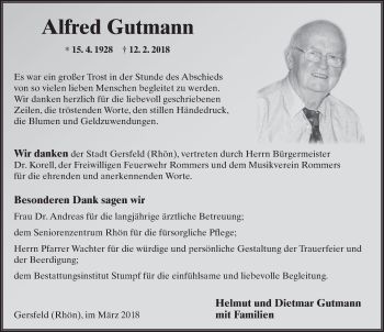 Traueranzeige von Alfred Gutmann 