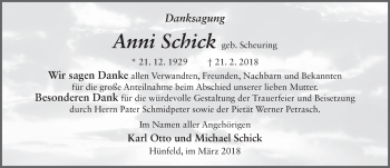 Traueranzeige von Anni Schick 