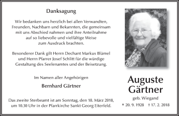 Traueranzeige von Auguste Gärtner 