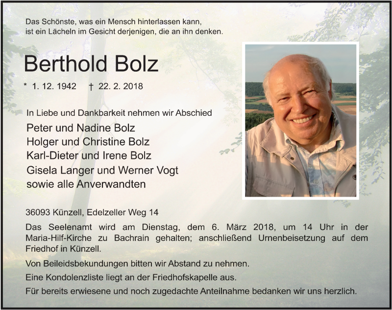  Traueranzeige für Berthold Bolz vom 02.03.2018 aus 
