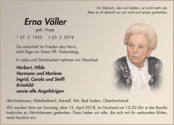 Traueranzeige von Erna Völler 