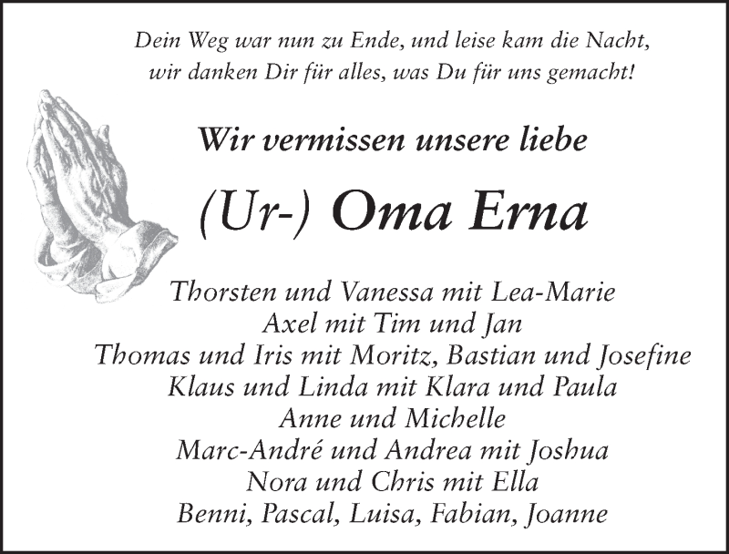  Traueranzeige für Erna Völler vom 22.03.2018 aus 