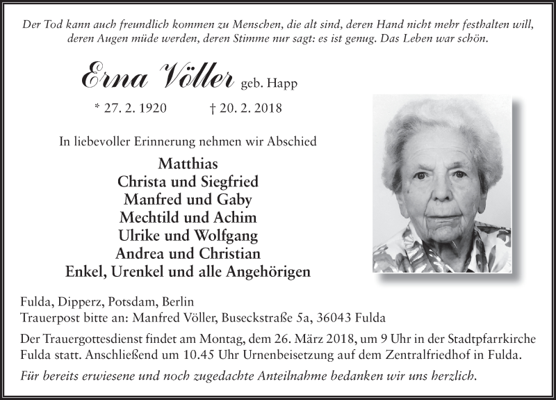  Traueranzeige für Erna Völler vom 22.03.2018 aus 