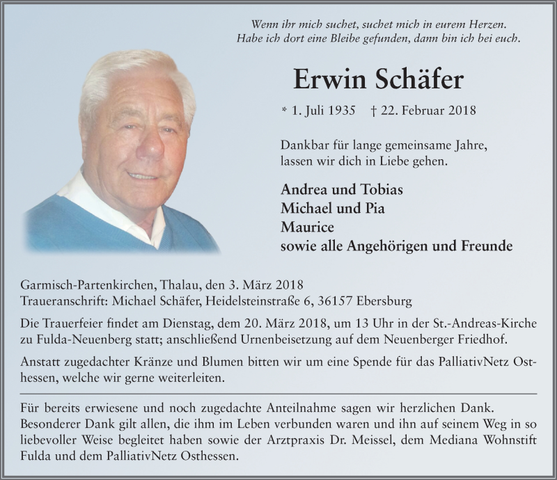  Traueranzeige für Erwin Schäfer vom 03.03.2018 aus 