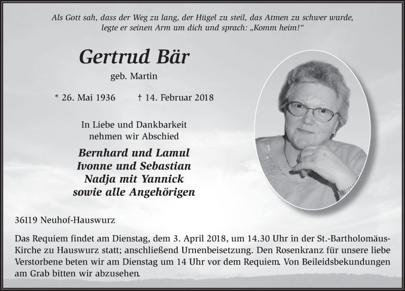  Traueranzeige für Gertrud Bär vom 29.03.2018 aus 