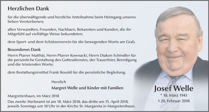  Traueranzeige für Josef Welle vom 16.03.2018 aus 