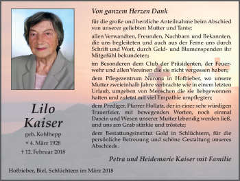 Traueranzeige von Lilo Kaiser 
