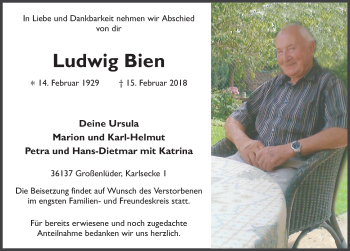 Traueranzeige von Ludwig Bien 
