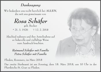 Traueranzeige von Rosa Schäfer 